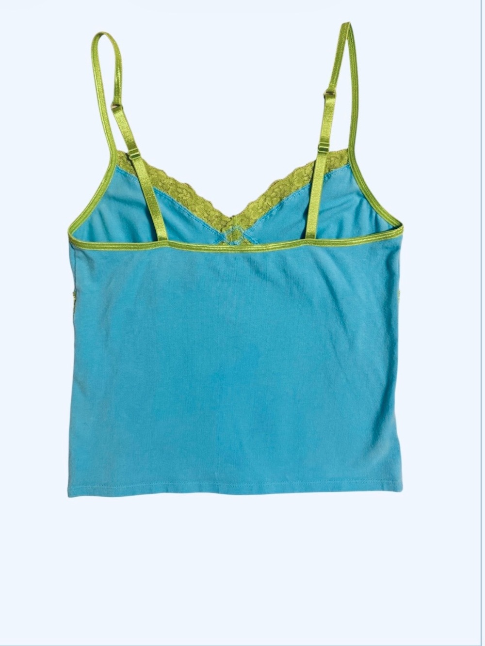 PINK Victoria's Secret Aqua Blue Camisole with Lime Lace Trim Vtg Summer Top ⭐️ - Picture 2 of 5